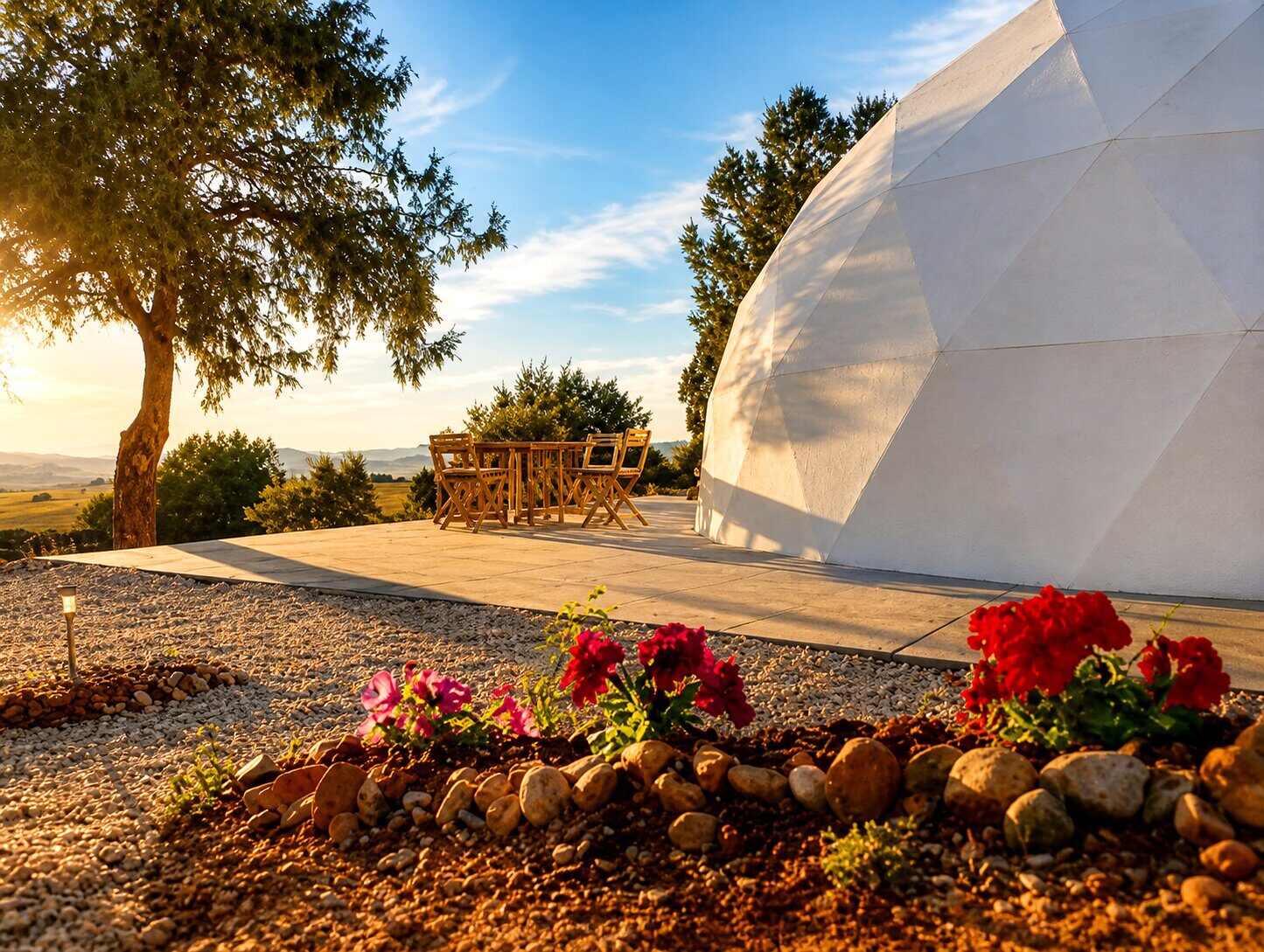 Exterior del domo geodésico Altair con terraza al atardecer — Miradomos, Soria